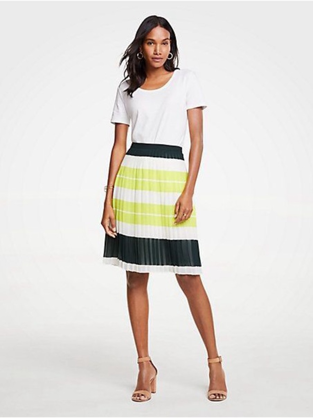 Ann Taylor Pleated Midi Skirt in Lime, Black and White